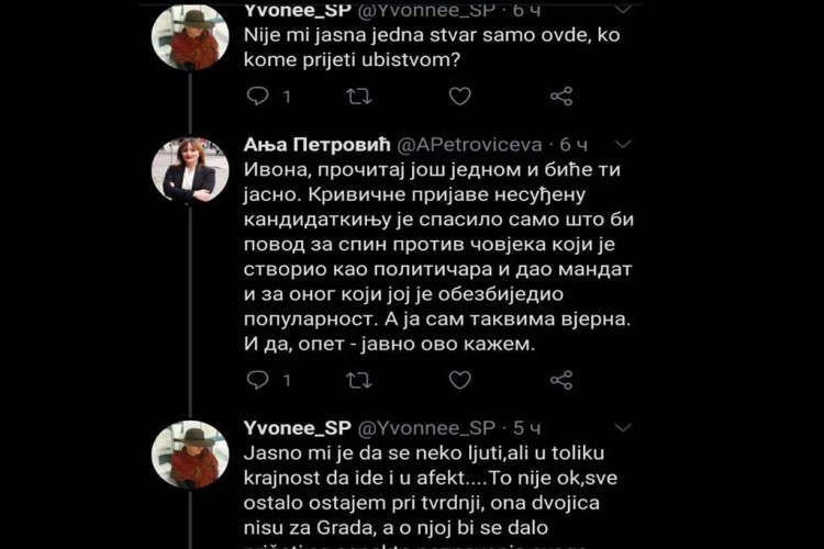 Portparolka PDP-a Anja Petrović objavila je na Tviteru da dobila prijetnje smrću.