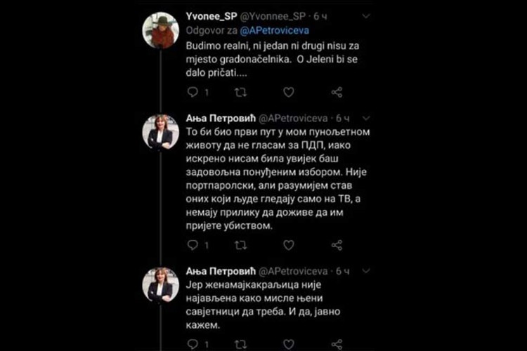 Portparolka PDP-a Anja Petrović objavila je na Tviteru da dobila prijetnje smrću.