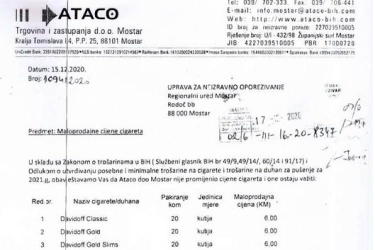 Према Одлуци коју је усвојио Управни одбор УИО и у 2021. години се по паклици цигарета плаћају двије акцизе.