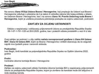 Иван Бегић тражи оцјену уставности одлуке ЦИК-а о пријевременим изборима