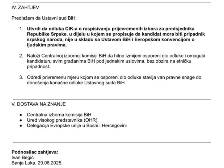 Ivan Begić traži ocjenu ustavnosti odluke CIK-a o prijevremenim izborima