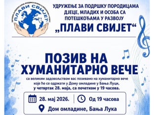 Хуманитарно вече Удружења „Плави свијет“ 28. маја у Дому омладине